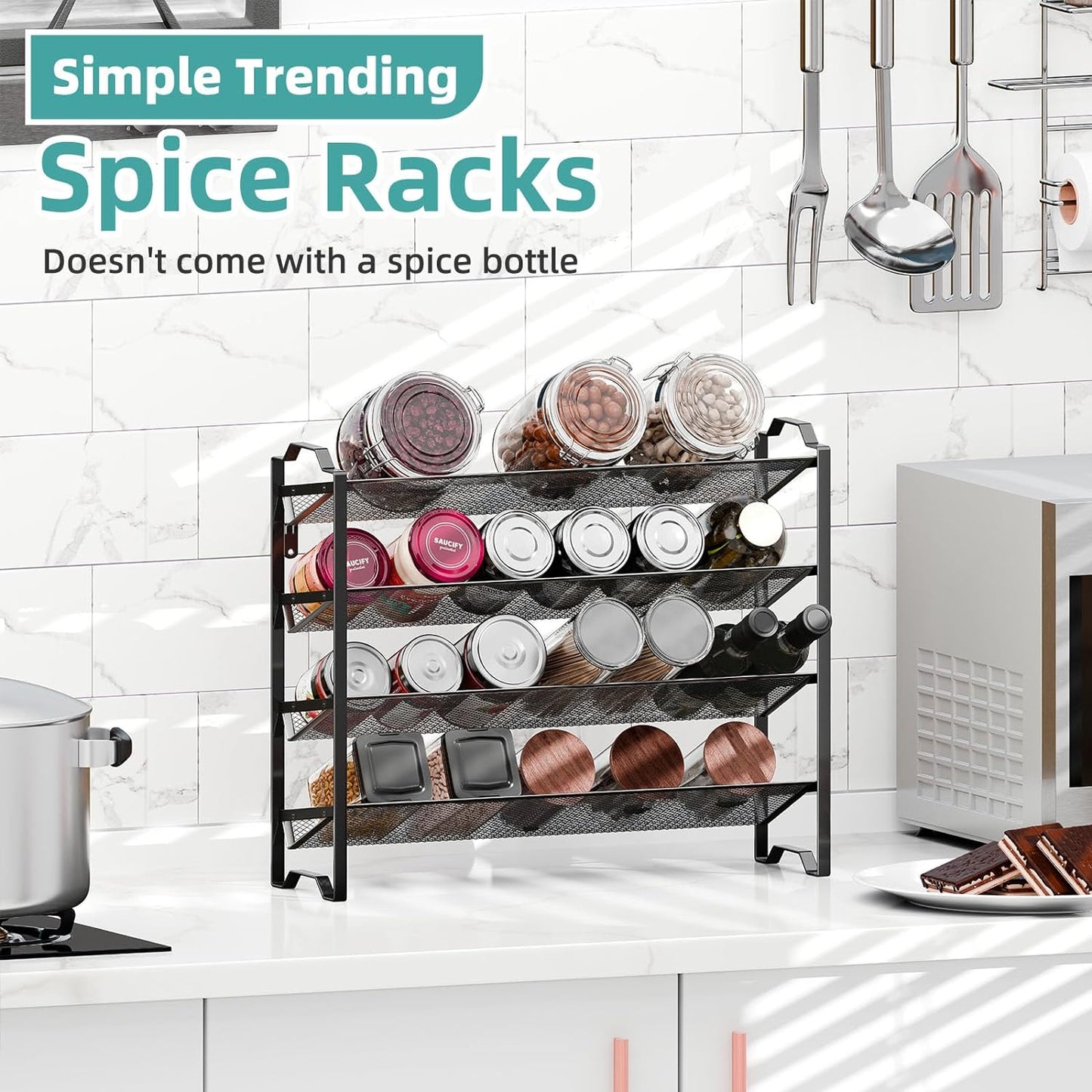 2 Pack 4 Tier Spice Rack Organizer,Stackable Kitchen Counter Shelves,for Cabinet,Countertop,Pantry, Door or Wall Mount, Metal Mesh,Jars not Included, Black
