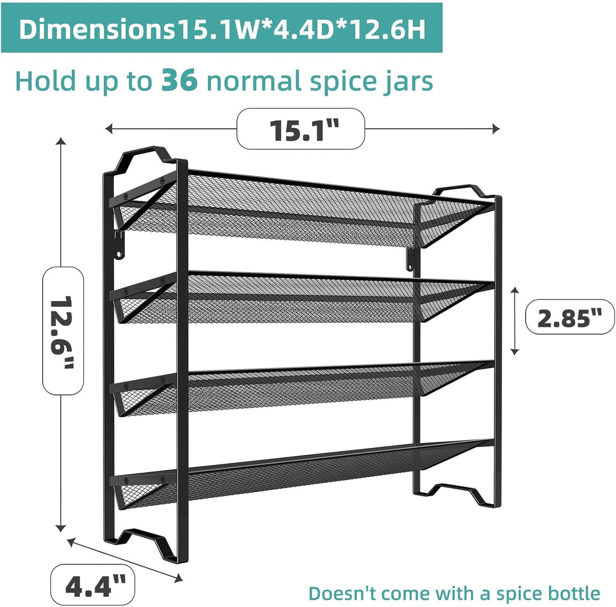 2 Pack 4 Tier Spice Rack Organizer,Stackable Kitchen Counter Shelves,for Cabinet,Countertop,Pantry, Door or Wall Mount, Metal Mesh,Jars not Included, Black