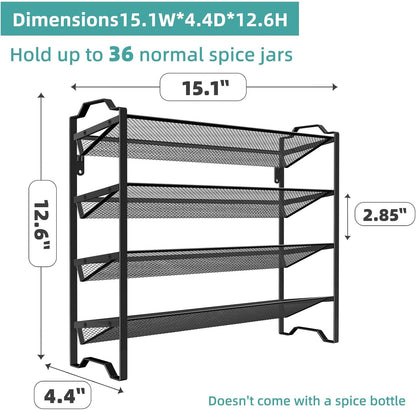 2 Pack 4 Tier Spice Rack Organizer,Stackable Kitchen Counter Shelves,for Cabinet,Countertop,Pantry, Door or Wall Mount, Metal Mesh,Jars not Included, Black