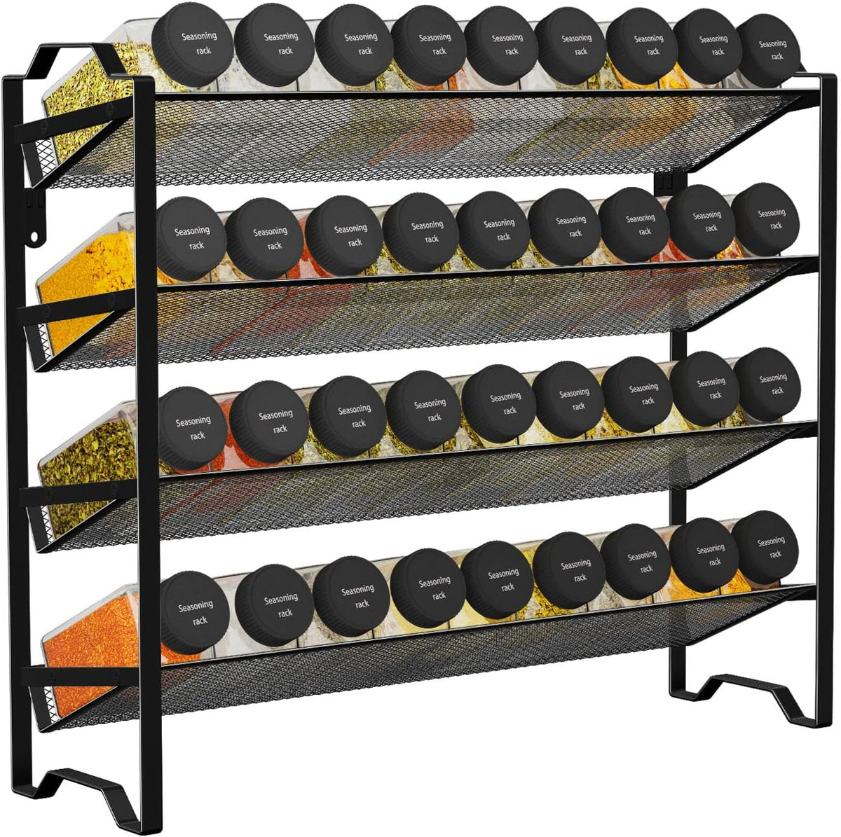 2 Pack 4 Tier Spice Rack Organizer,Stackable Kitchen Counter Shelves,for Cabinet,Countertop,Pantry, Door or Wall Mount, Metal Mesh,Jars not Included, Black