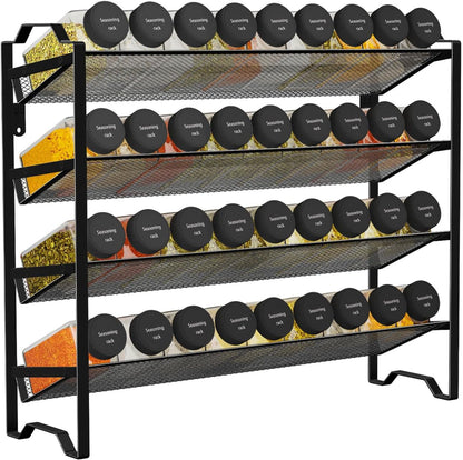 2 Pack 4 Tier Spice Rack Organizer,Stackable Kitchen Counter Shelves,for Cabinet,Countertop,Pantry, Door or Wall Mount, Metal Mesh,Jars not Included, Black
