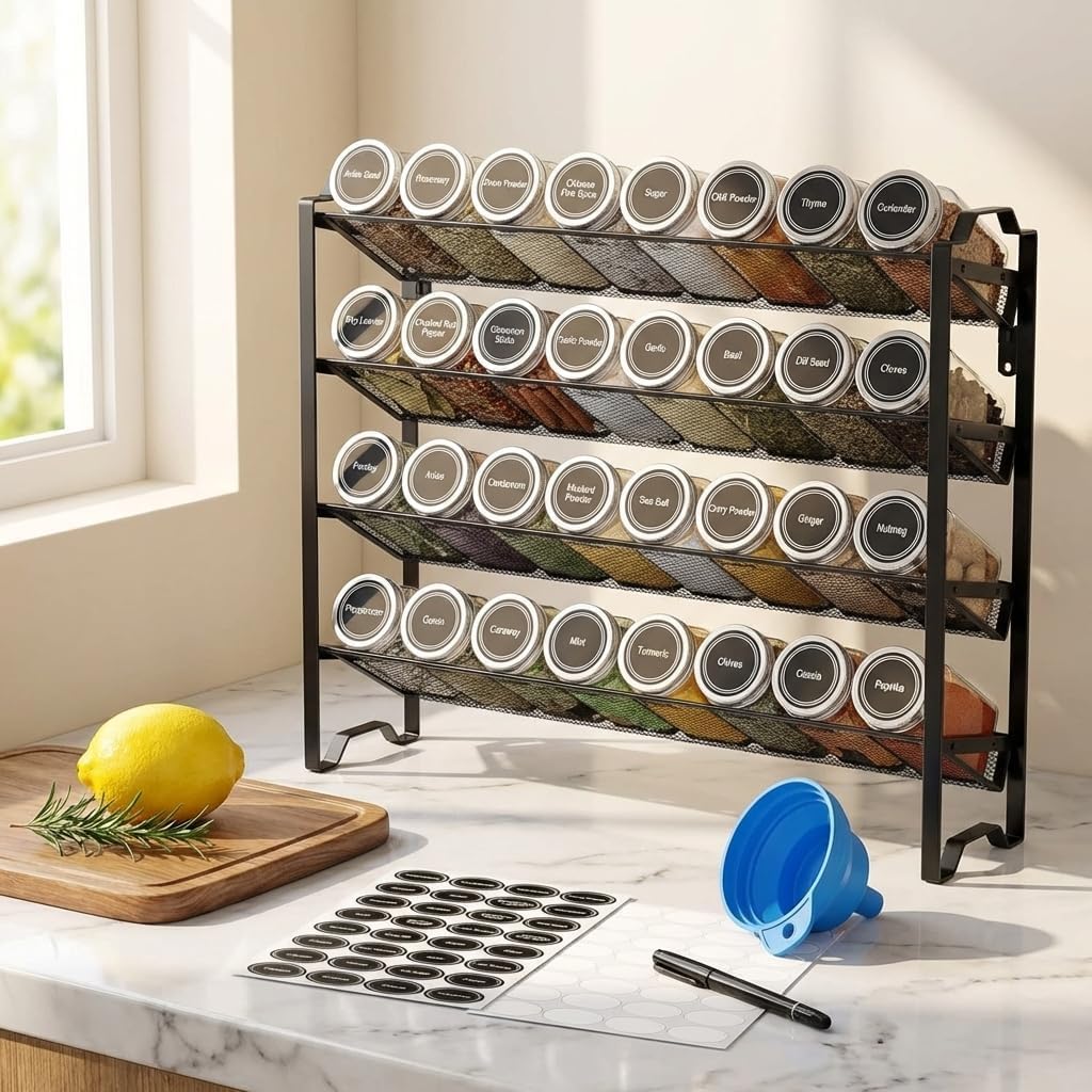 2 Pack 4 Tier Spice Rack Organizer,Stackable Kitchen Counter Shelves,for Cabinet,Countertop,Pantry, Door or Wall Mount, Metal Mesh,Jars not Included, Black