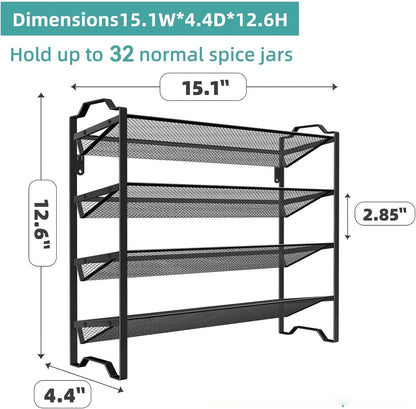 2 Pack 4 Tier Spice Rack Organizer,Stackable Kitchen Counter Shelves,for Cabinet,Countertop,Pantry, Door or Wall Mount, Metal Mesh,Jars not Included, Black