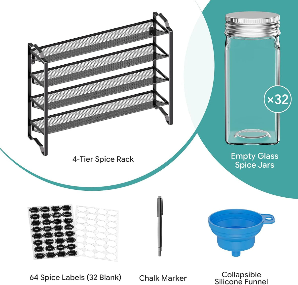 2 Pack 4 Tier Spice Rack Organizer,Stackable Kitchen Counter Shelves,for Cabinet,Countertop,Pantry, Door or Wall Mount, Metal Mesh,Jars not Included, Black
