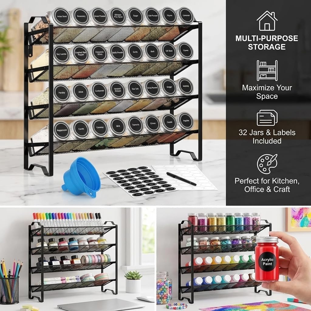 2 Pack 4 Tier Spice Rack Organizer,Stackable Kitchen Counter Shelves,for Cabinet,Countertop,Pantry, Door or Wall Mount, Metal Mesh,Jars not Included, Black