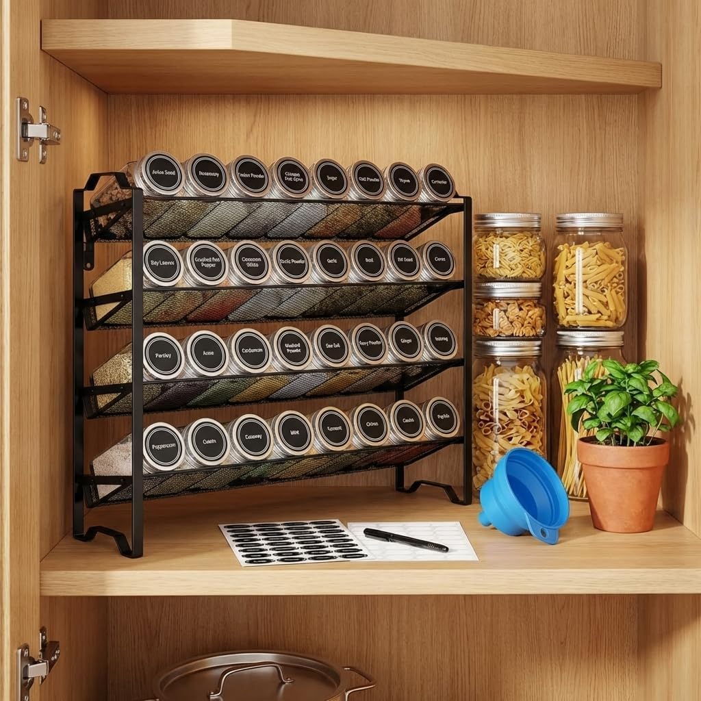 2 Pack 4 Tier Spice Rack Organizer,Stackable Kitchen Counter Shelves,for Cabinet,Countertop,Pantry, Door or Wall Mount, Metal Mesh,Jars not Included, Black