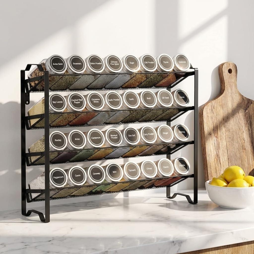 2 Pack 4 Tier Spice Rack Organizer,Stackable Kitchen Counter Shelves,for Cabinet,Countertop,Pantry, Door or Wall Mount, Metal Mesh,Jars not Included, Black