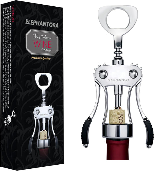 Wine Opener, Zinc Alloy Premium Wing Corkscrew with Multifunctional Bottles Opener, Sharp Wine Corkscrew with Ergonomic Non-Slip Wing Handle, Silver