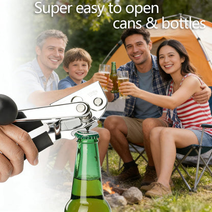 Manual Can Opener Heavy Duty Smooth Edge - Bottle Opener Combo for Seniors Adults, Stainless Steel Kitchen Camping Tool, Safe Easy to Use, Black