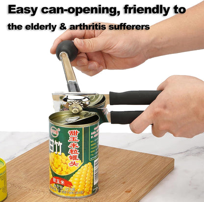 Manual Can Opener Heavy Duty Smooth Edge - Bottle Opener Combo for Seniors Adults, Stainless Steel Kitchen Camping Tool, Safe Easy to Use, Black