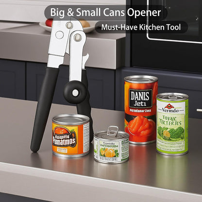 Manual Can Opener Heavy Duty Smooth Edge - Bottle Opener Combo for Seniors Adults, Stainless Steel Kitchen Camping Tool, Safe Easy to Use, Black