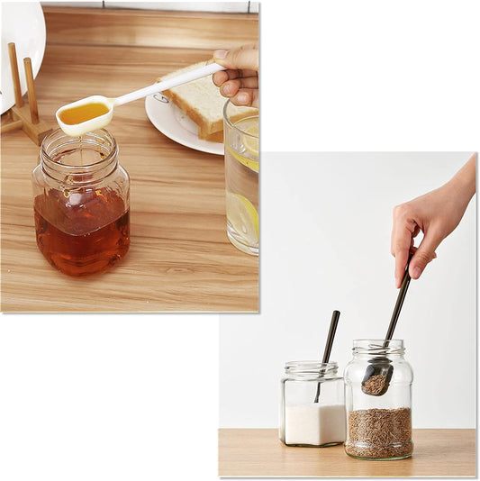 4-Pcs Long Handle Scoop Measuring Spoons, Work Well for Deep Jars | For Dry and Liquid Ingredients, Coffee bean, Salts, Sugar, Syrup Honey, Apply for Kitchen Cooking Baking