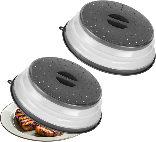 Microwave Splatter Covers, 2 Pack 10.4" Collapsible Microwave Lid for Food, 300°F Heat-Resistant PP Splatter Guard for Plate Dish, Multi-Use Kitchen Colander Gadget for Washing Fruits Vegetables