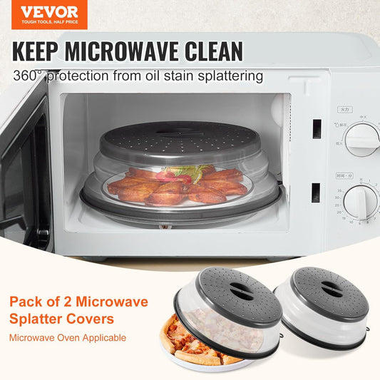 Microwave Splatter Covers, 2 Pack 10.4" Collapsible Microwave Lid for Food, 300°F Heat-Resistant PP Splatter Guard for Plate Dish, Multi-Use Kitchen Colander Gadget for Washing Fruits Vegetables