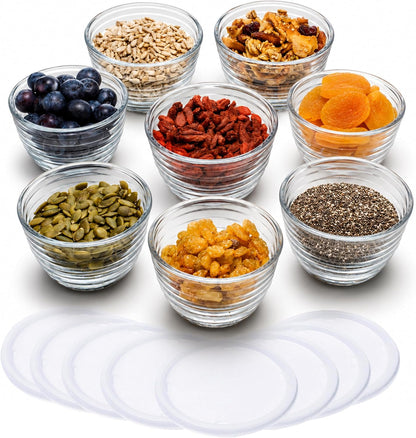 Small Glass Bowls with Lids Set of 8, Food Storage Prep Containers | Set of 8 Glass Bowls with Secure Lids Store Leftovers, Snacks, Sauces & Meal Prep Ingredients; Dishwasher Safe for Daily Use