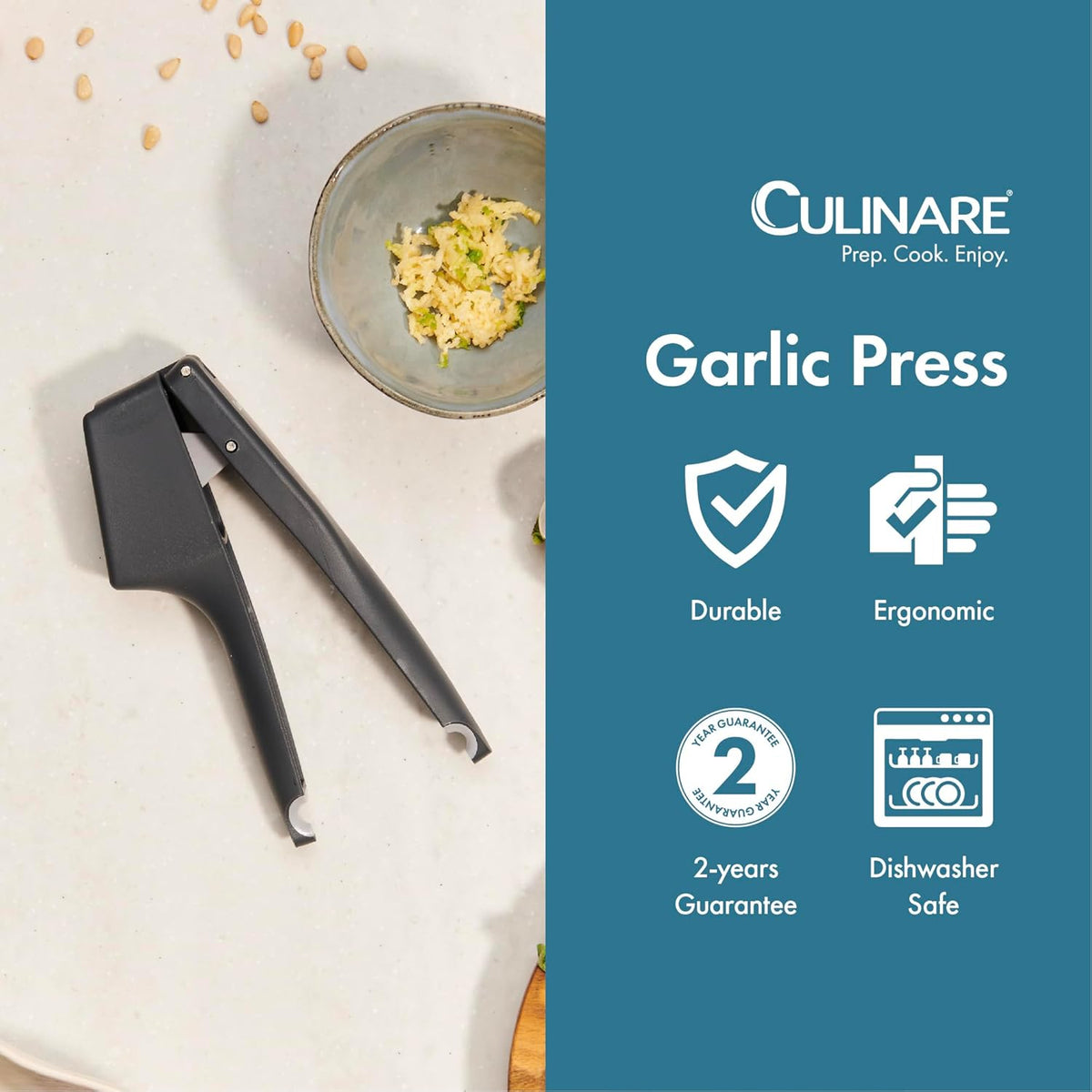 Garlic Press – Ergonomic Garlic Crusher with Large Chamber for Multiple Cloves – Easy to Use Ginger Mincer – Powerful Stainless Steel Crushing Action – Dishwasher Safe, 2-Year Guarantee