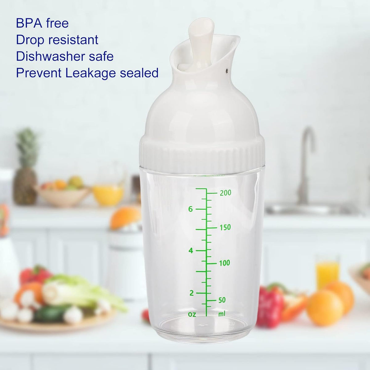 Salad Dressing Shaker, Dressing Mixer Bottle Mixer Dispenser Leakproof Pour Spout with Measurement Marks for Homemade Salad (White)
