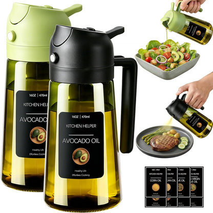 2 in 1 Olive Oil Sprayer for Cooking, 16oz Light-Proof Oil Dispenser for Kitchen, Leak-Proof Oil Spray Bottle for Air Fryer, Salad, BBQ, Baking, Grilling - Black & Green