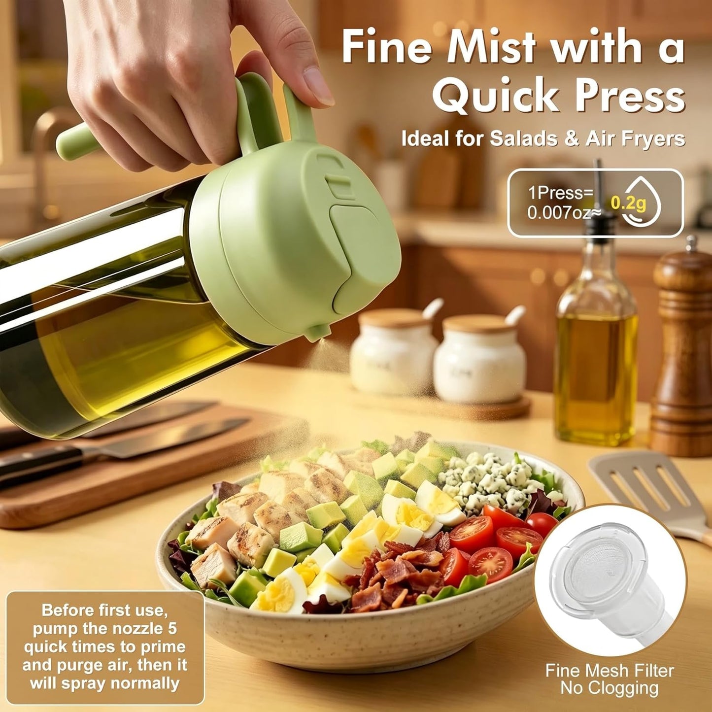 2 in 1 Olive Oil Sprayer for Cooking, 16oz Light-Proof Oil Dispenser for Kitchen, Leak-Proof Oil Spray Bottle for Air Fryer, Salad, BBQ, Baking, Grilling - Black & Green