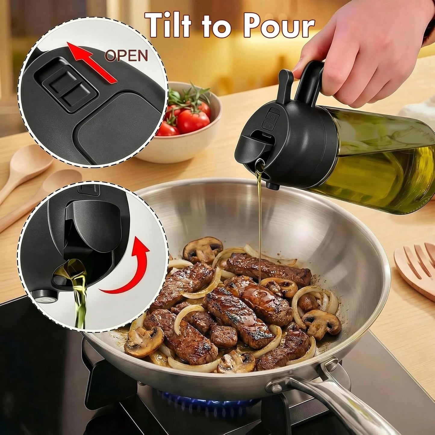2 in 1 Olive Oil Sprayer for Cooking, 16oz Light-Proof Oil Dispenser for Kitchen, Leak-Proof Oil Spray Bottle for Air Fryer, Salad, BBQ, Baking, Grilling - Black & Green
