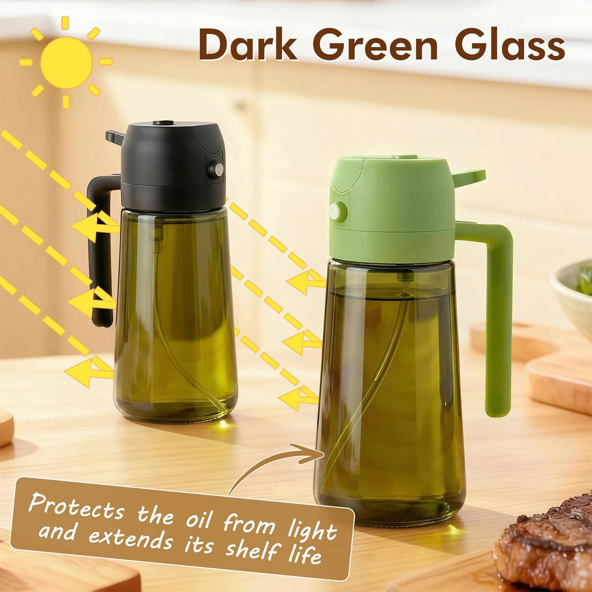 2 in 1 Olive Oil Sprayer for Cooking, 16oz Light-Proof Oil Dispenser for Kitchen, Leak-Proof Oil Spray Bottle for Air Fryer, Salad, BBQ, Baking, Grilling - Black & Green