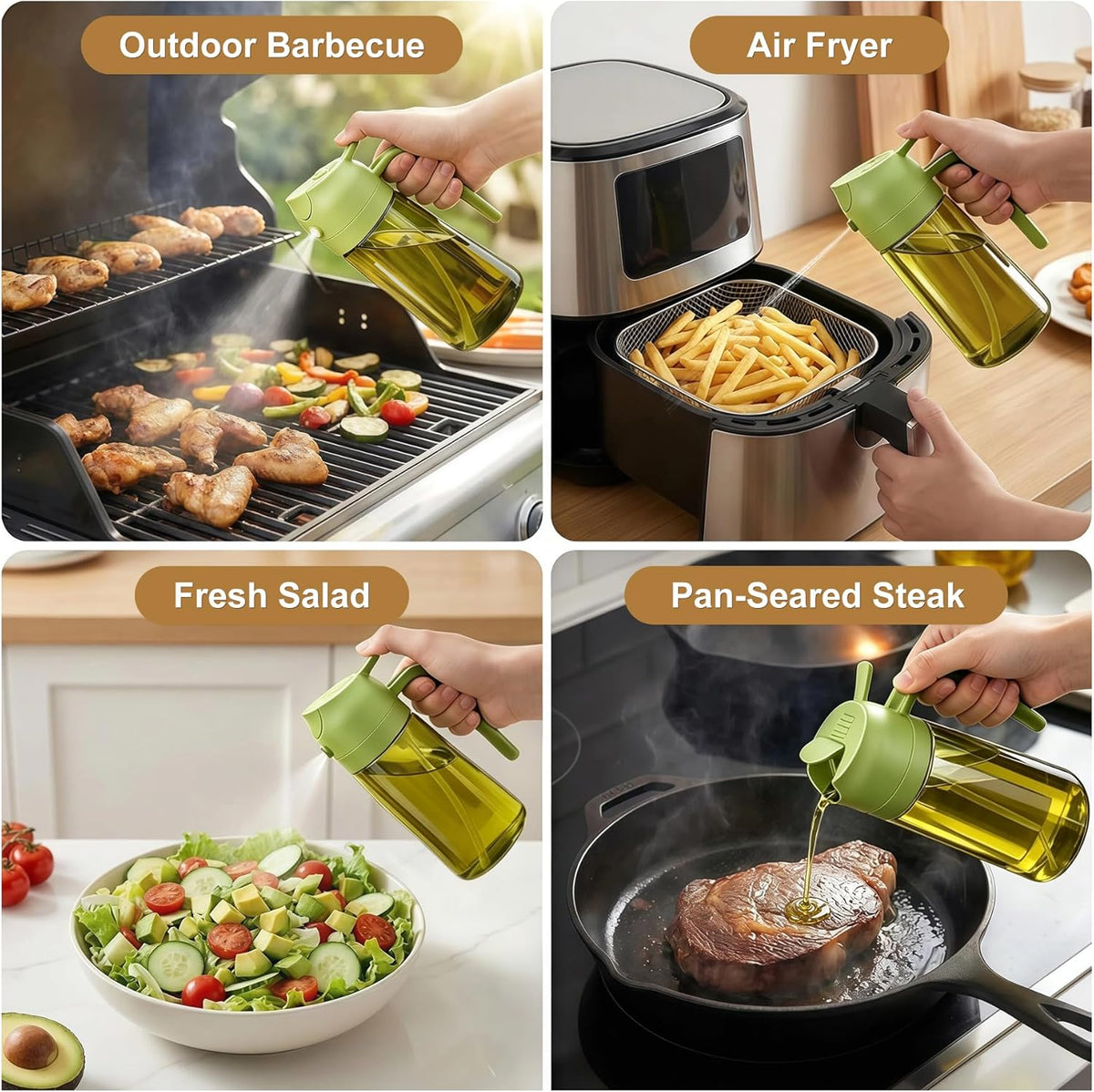2 in 1 Olive Oil Sprayer for Cooking, 16oz Light-Proof Oil Dispenser for Kitchen, Leak-Proof Oil Spray Bottle for Air Fryer, Salad, BBQ, Baking, Grilling - Black & Green