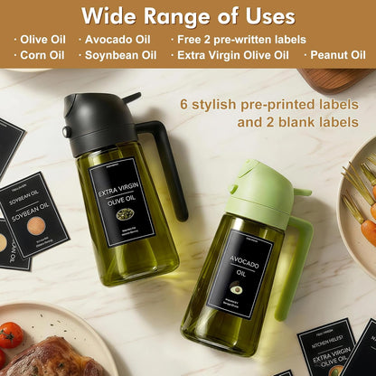 2 in 1 Olive Oil Sprayer for Cooking, 16oz Light-Proof Oil Dispenser for Kitchen, Leak-Proof Oil Spray Bottle for Air Fryer, Salad, BBQ, Baking, Grilling - Black & Green