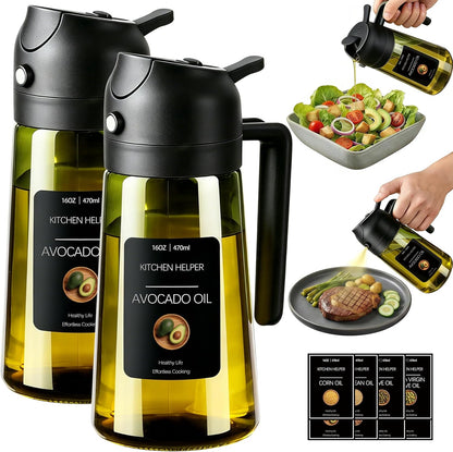 2 in 1 Olive Oil Sprayer for Cooking, 16oz Light-Proof Oil Dispenser for Kitchen, Leak-Proof Oil Spray Bottle for Air Fryer, Salad, BBQ, Baking, Grilling - Black & Green