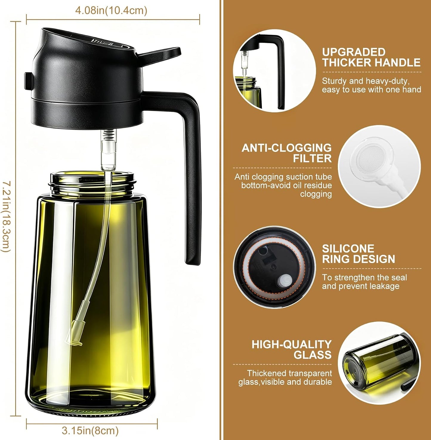 2 in 1 Olive Oil Sprayer for Cooking, 16oz Light-Proof Oil Dispenser for Kitchen, Leak-Proof Oil Spray Bottle for Air Fryer, Salad, BBQ, Baking, Grilling - Black & Green