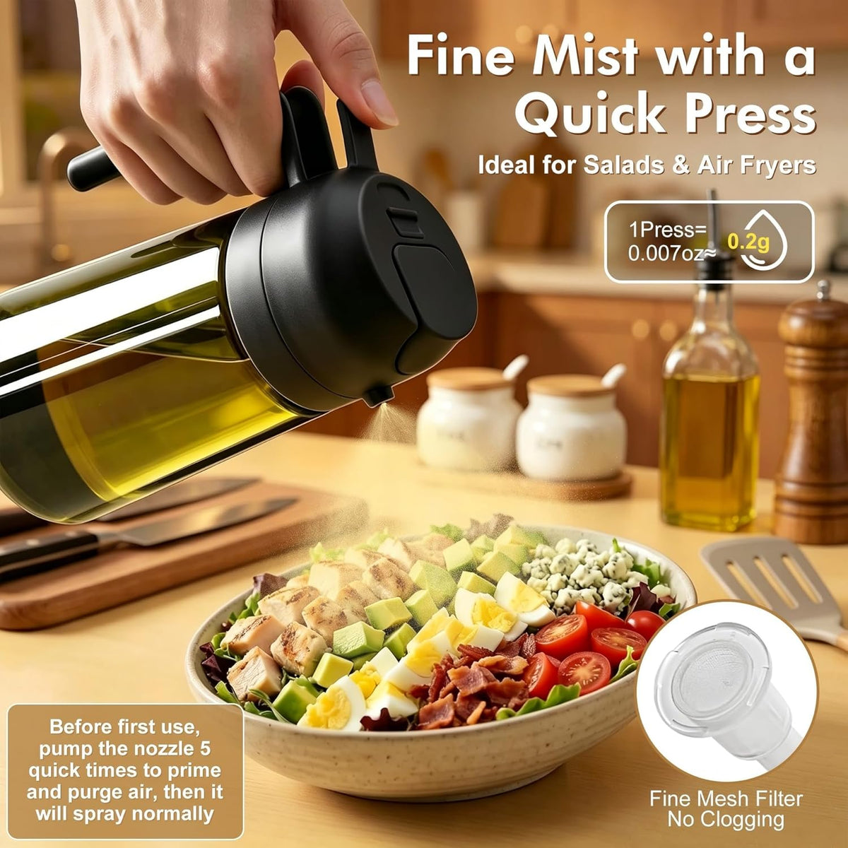 2 in 1 Olive Oil Sprayer for Cooking, 16oz Light-Proof Oil Dispenser for Kitchen, Leak-Proof Oil Spray Bottle for Air Fryer, Salad, BBQ, Baking, Grilling - Black & Green