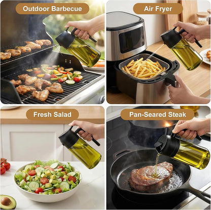 2 in 1 Olive Oil Sprayer for Cooking, 16oz Light-Proof Oil Dispenser for Kitchen, Leak-Proof Oil Spray Bottle for Air Fryer, Salad, BBQ, Baking, Grilling - Black & Green