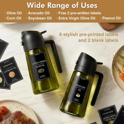 2 in 1 Olive Oil Sprayer for Cooking, 16oz Light-Proof Oil Dispenser for Kitchen, Leak-Proof Oil Spray Bottle for Air Fryer, Salad, BBQ, Baking, Grilling - Black & Green