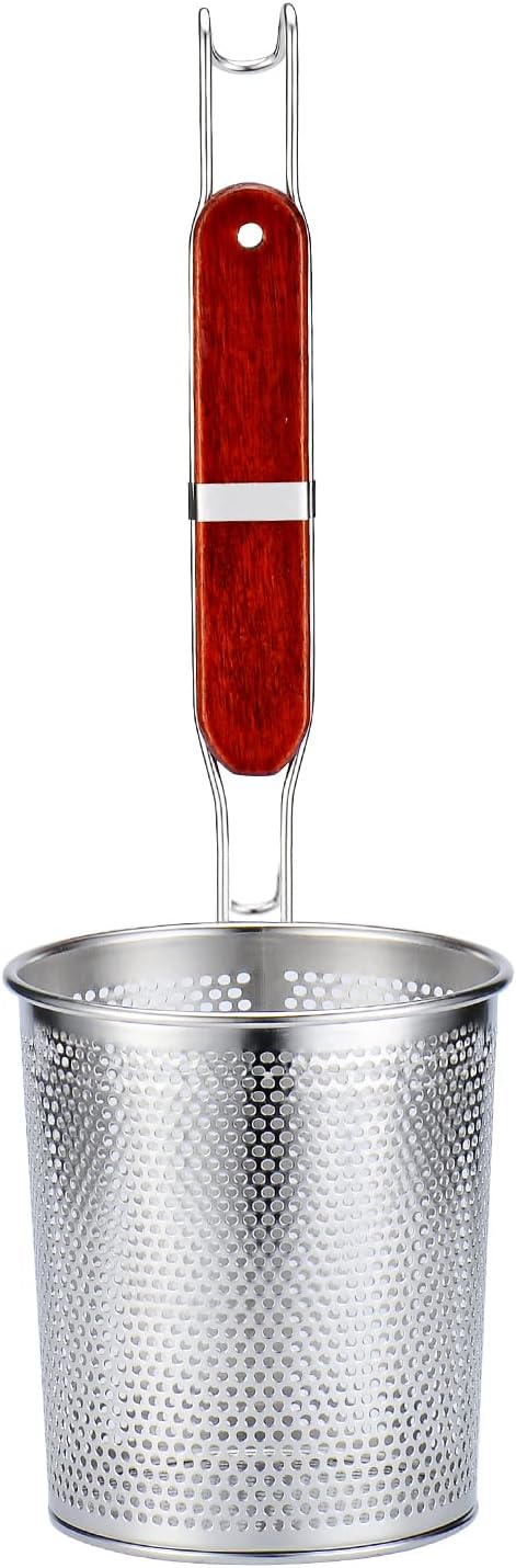 Micro-Perforated Stainless Steel Pasta Basket Mesh Spider Food Dumpling Noodle Strainer,Fine Mesh Skimmer Kitchen Fine Sieve Mesh Strainer with Wooden Handle (Strainer, 12cm)