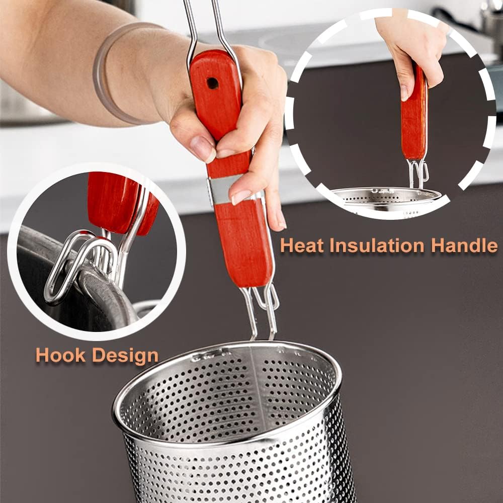 Micro-Perforated Stainless Steel Pasta Basket Mesh Spider Food Dumpling Noodle Strainer,Fine Mesh Skimmer Kitchen Fine Sieve Mesh Strainer with Wooden Handle (Strainer, 12cm)