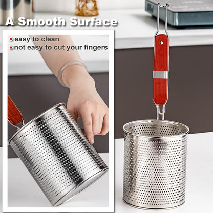 Micro-Perforated Stainless Steel Pasta Basket Mesh Spider Food Dumpling Noodle Strainer,Fine Mesh Skimmer Kitchen Fine Sieve Mesh Strainer with Wooden Handle (Strainer, 12cm)