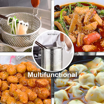 Micro-Perforated Stainless Steel Pasta Basket Mesh Spider Food Dumpling Noodle Strainer,Fine Mesh Skimmer Kitchen Fine Sieve Mesh Strainer with Wooden Handle (Strainer, 12cm)