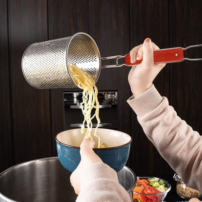 Micro-Perforated Stainless Steel Pasta Basket Mesh Spider Food Dumpling Noodle Strainer,Fine Mesh Skimmer Kitchen Fine Sieve Mesh Strainer with Wooden Handle (Strainer, 12cm)