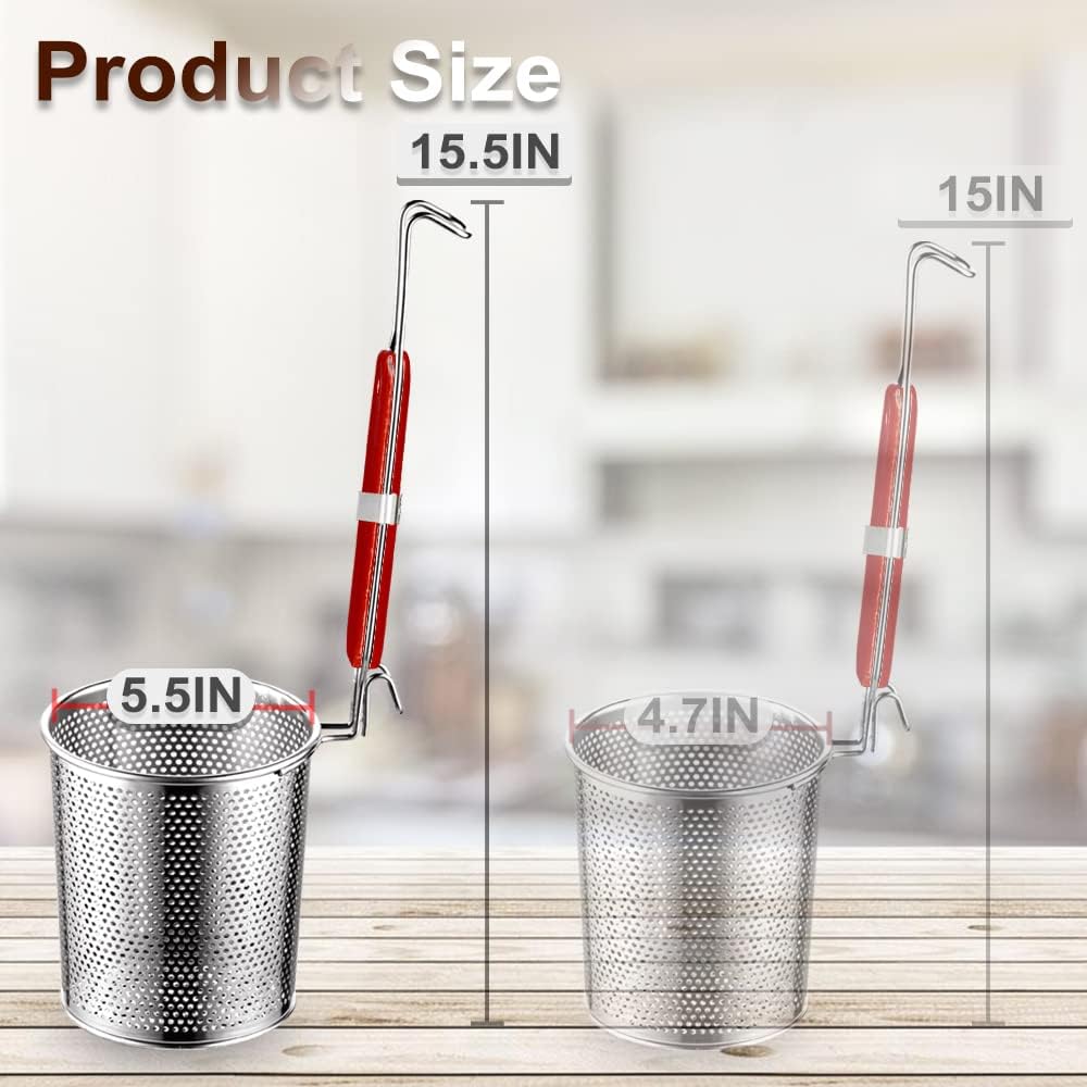 Micro-Perforated Stainless Steel Pasta Basket Mesh Spider Food Dumpling Noodle Strainer,Fine Mesh Skimmer Kitchen Fine Sieve Mesh Strainer with Wooden Handle (Strainer, 12cm)