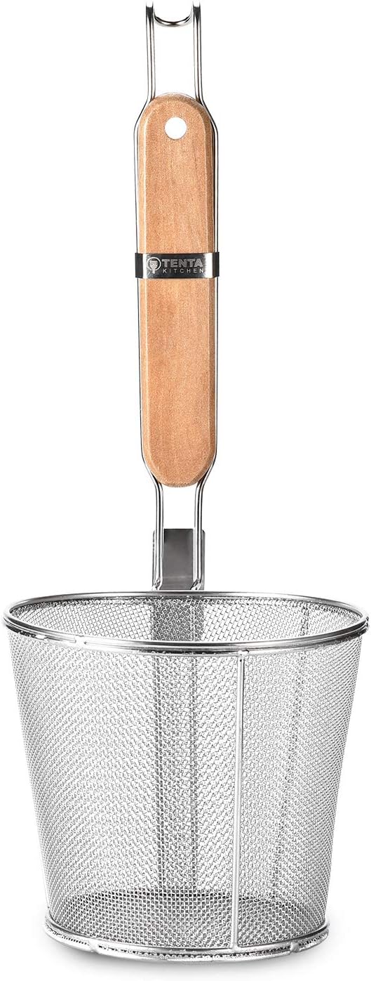 Micro-Perforated Stainless Steel Pasta Basket Mesh Spider Food Dumpling Noodle Strainer,Fine Mesh Skimmer Kitchen Fine Sieve Mesh Strainer with Wooden Handle (Strainer, 12cm)