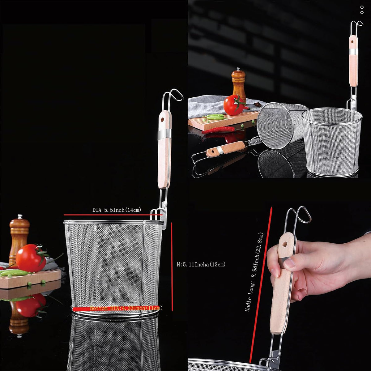 Micro-Perforated Stainless Steel Pasta Basket Mesh Spider Food Dumpling Noodle Strainer,Fine Mesh Skimmer Kitchen Fine Sieve Mesh Strainer with Wooden Handle (Strainer, 12cm)