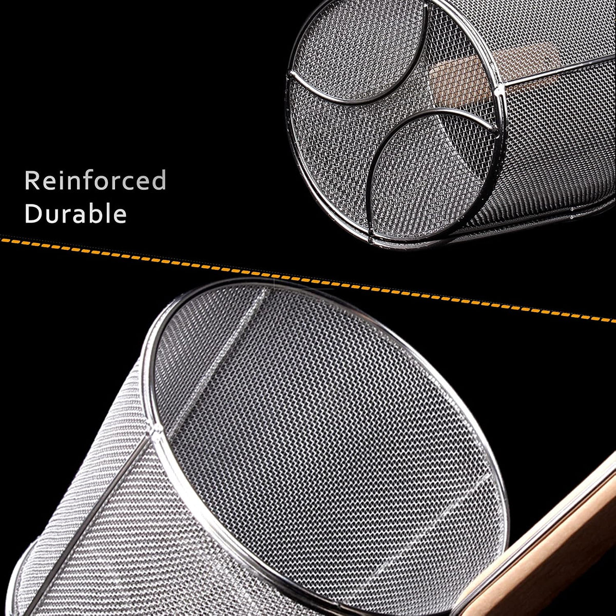 Micro-Perforated Stainless Steel Pasta Basket Mesh Spider Food Dumpling Noodle Strainer,Fine Mesh Skimmer Kitchen Fine Sieve Mesh Strainer with Wooden Handle (Strainer, 12cm)