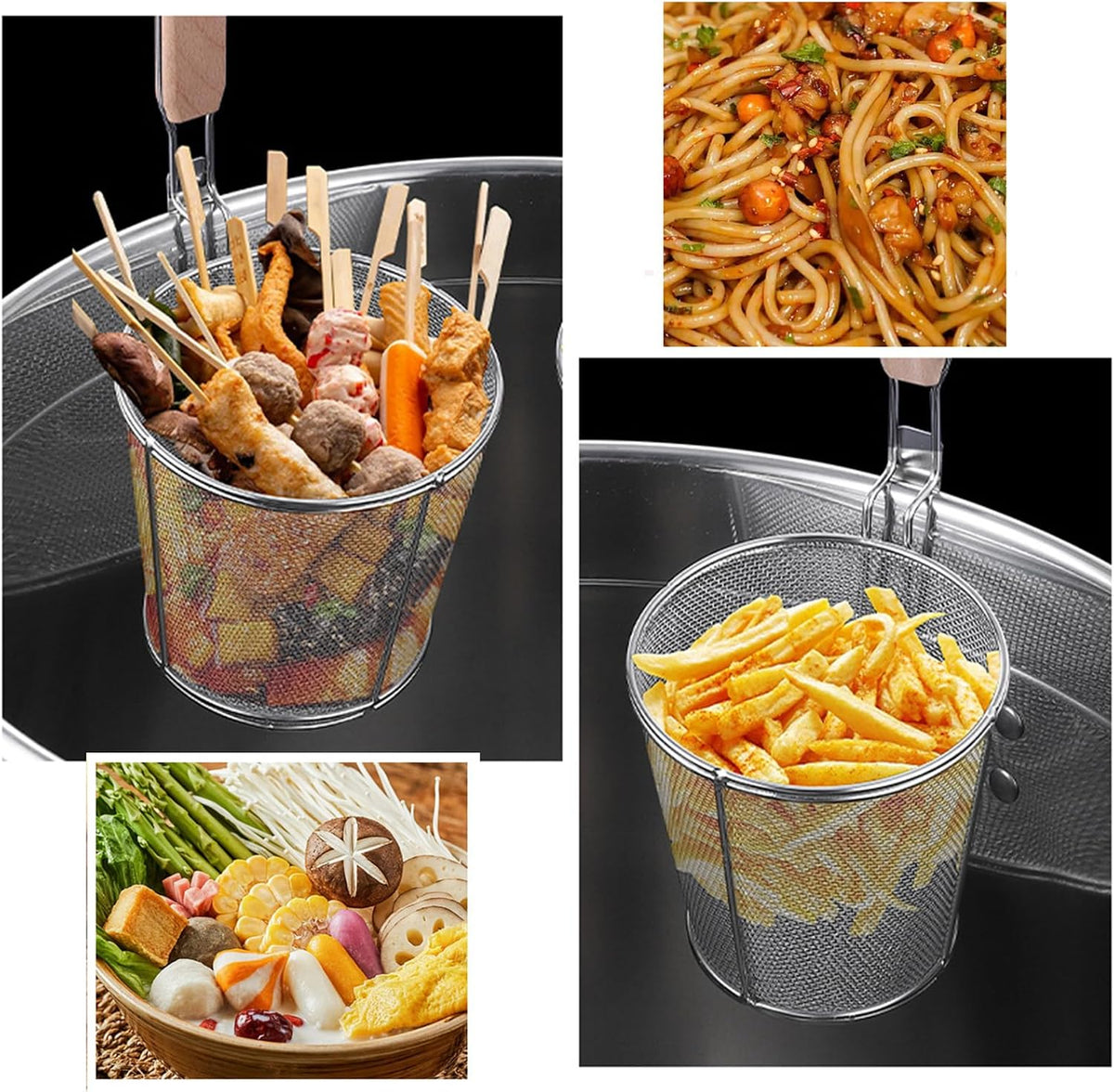 Micro-Perforated Stainless Steel Pasta Basket Mesh Spider Food Dumpling Noodle Strainer,Fine Mesh Skimmer Kitchen Fine Sieve Mesh Strainer with Wooden Handle (Strainer, 12cm)