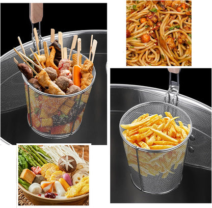 Micro-Perforated Stainless Steel Pasta Basket Mesh Spider Food Dumpling Noodle Strainer,Fine Mesh Skimmer Kitchen Fine Sieve Mesh Strainer with Wooden Handle (Strainer, 12cm)