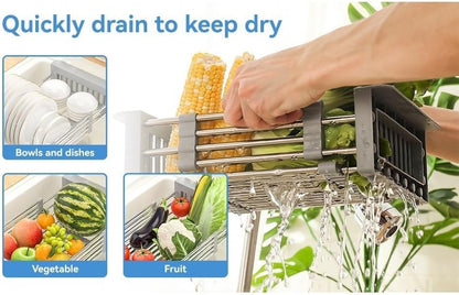 Adjustable Dish Drying Rack with Stainless Steel Drain Basket Over-The-Sink - Portable & Telescopic Space-Saving Solution for Fruit Vegetable
