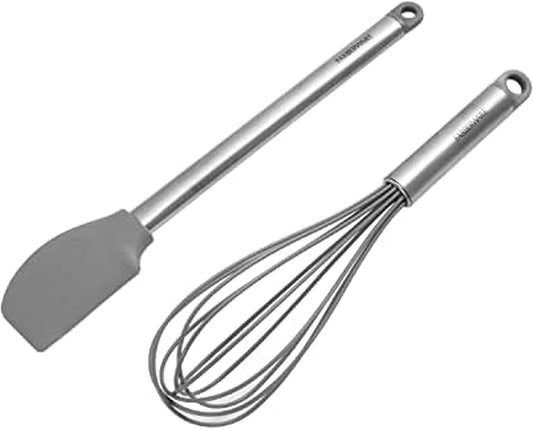 Pro Whisk and Spatula Set, Stainless Steel Handles with Heat Resistant Silicone Heads, 2-Piece Baking and Cooking Kitchen Utensils Set, Dishwasher Safe