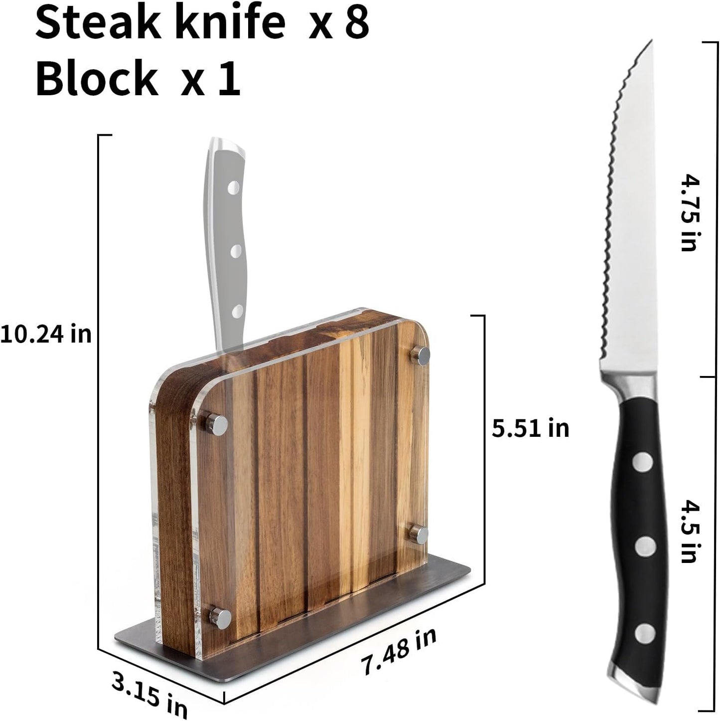 6-Piece Steak Knives Set with Block, 4.7 Inch with Serrated Edge Razor-Sharp Dinner Knives, Full-Tang Construction