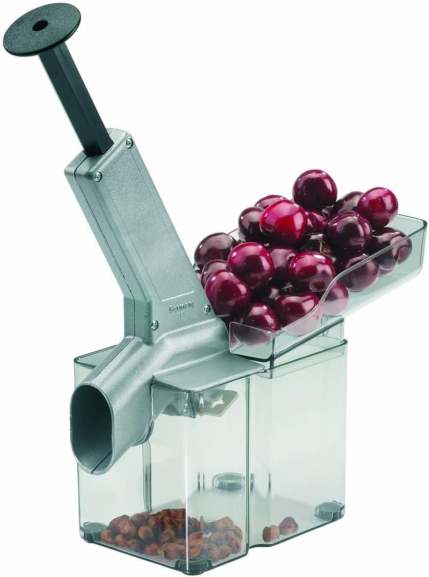 Kirschomat Cherry Pitter – High Capacity Cherry Stoner, 33 lbs/Hour, Stainless Steel Plunger, Large Pit Container, Manual Cherry Seed Remover, Ideal for Pies, Canning, Silver/Black