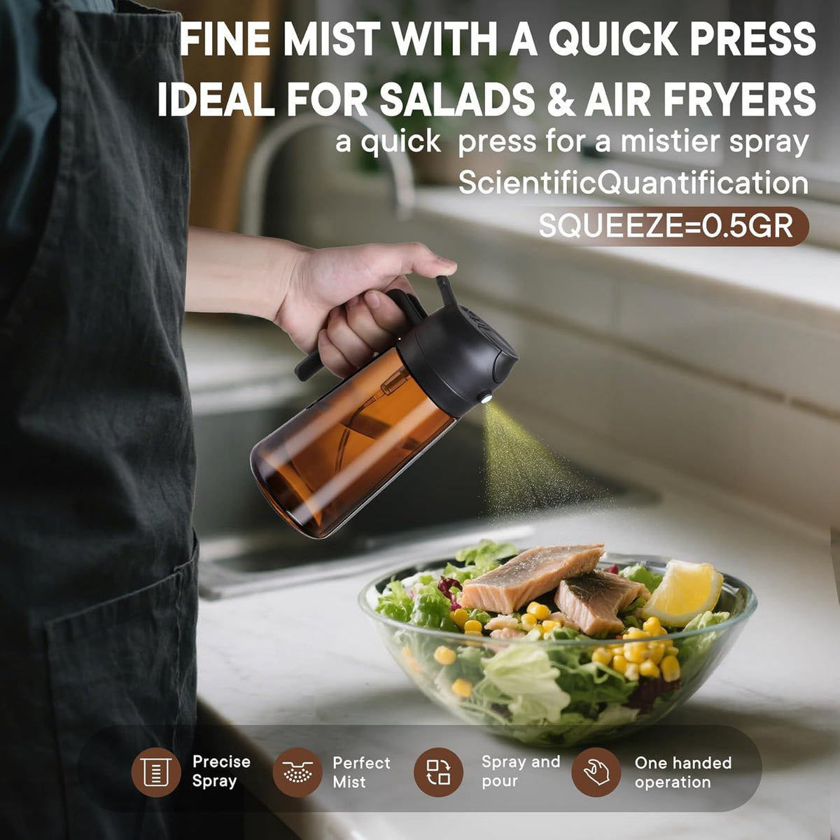 Oliver Oil Sprayer Dispenser for Cooking Bottle 16oz Dark Glass Black | 2-in-1 Lightproof Borosilicate Glass Oil Bottle, Wide Mouth for Easy Refill Clean