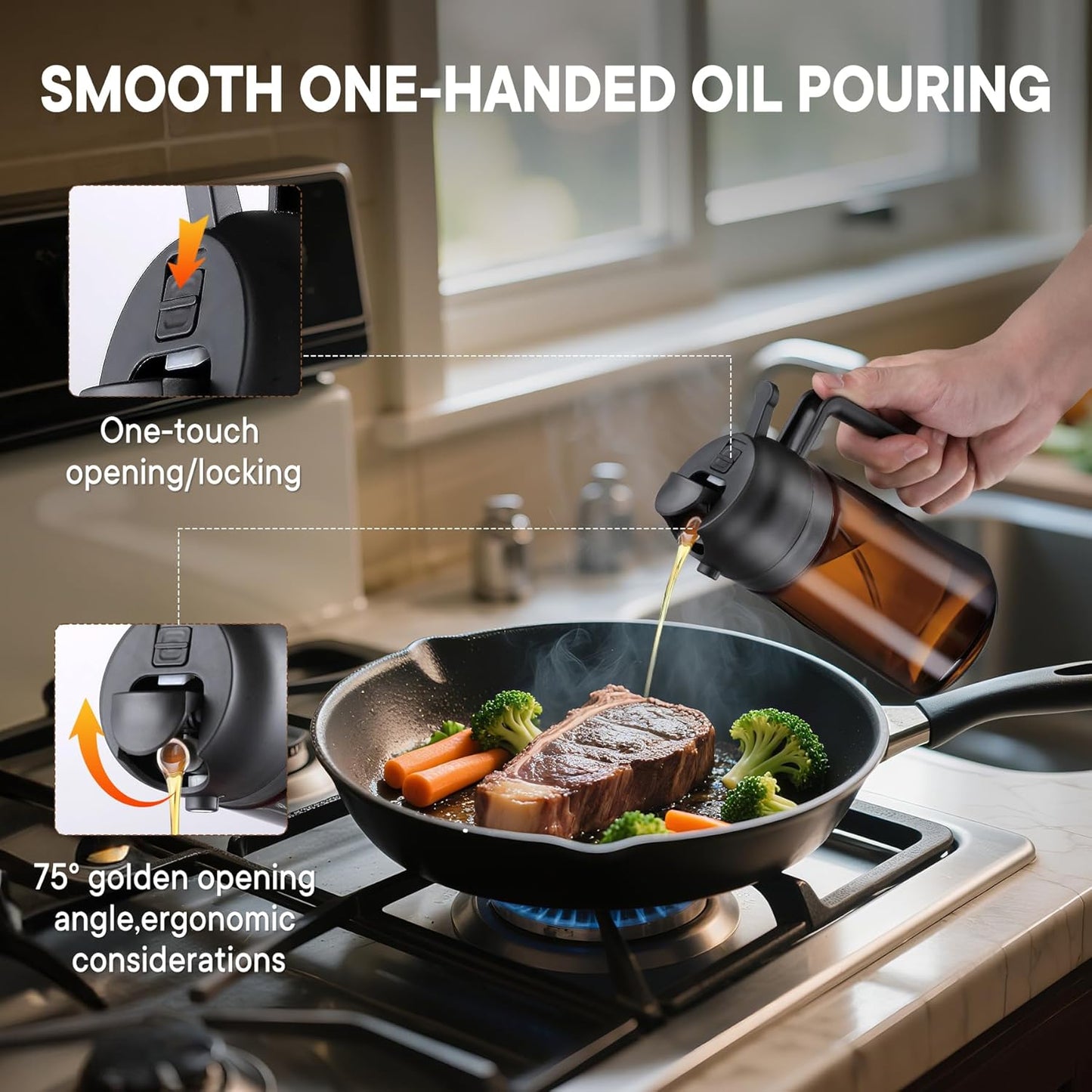 Oliver Oil Sprayer Dispenser for Cooking Bottle 16oz Dark Glass Black | 2-in-1 Lightproof Borosilicate Glass Oil Bottle, Wide Mouth for Easy Refill Clean