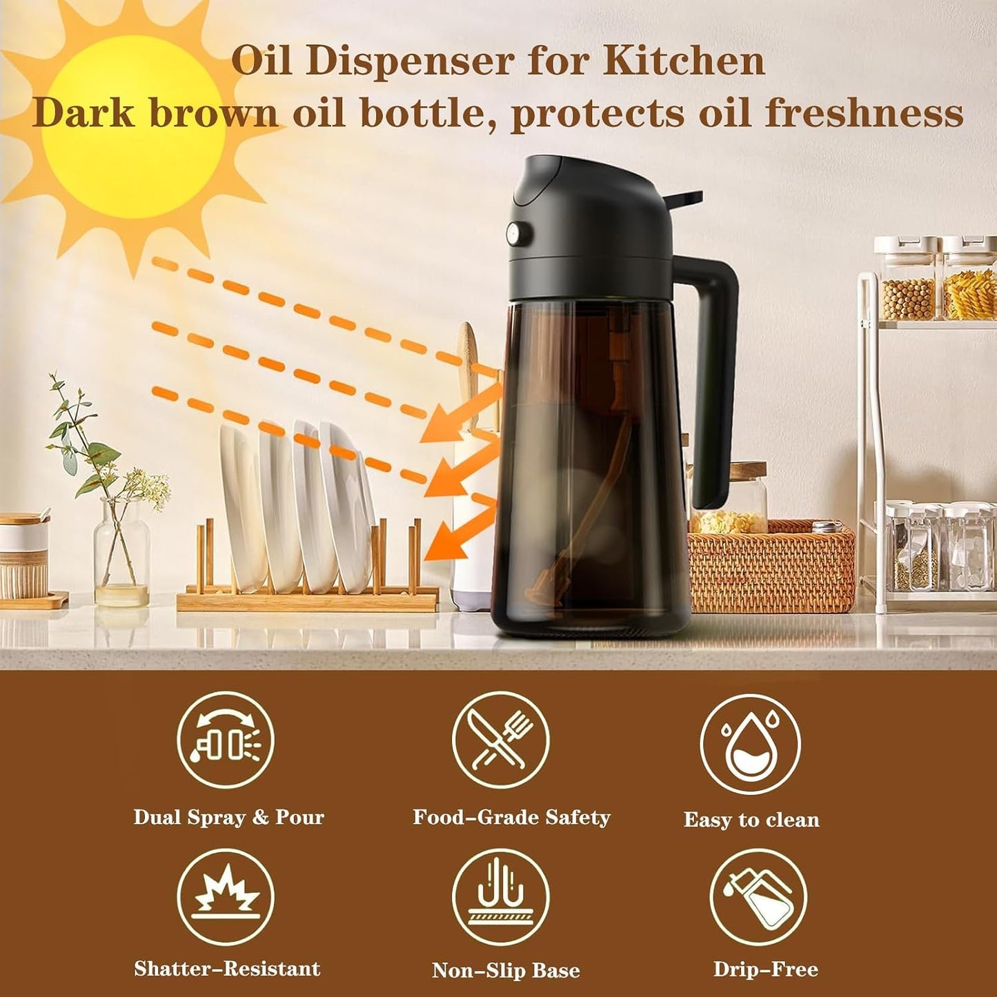 Oliver Oil Sprayer Dispenser for Cooking Bottle 16oz Dark Glass Black | 2-in-1 Lightproof Borosilicate Glass Oil Bottle, Wide Mouth for Easy Refill Clean